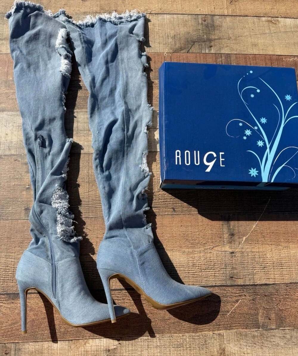 Rouge Over The Knee Denim Boots Size 7 Blue Distressed High Heels